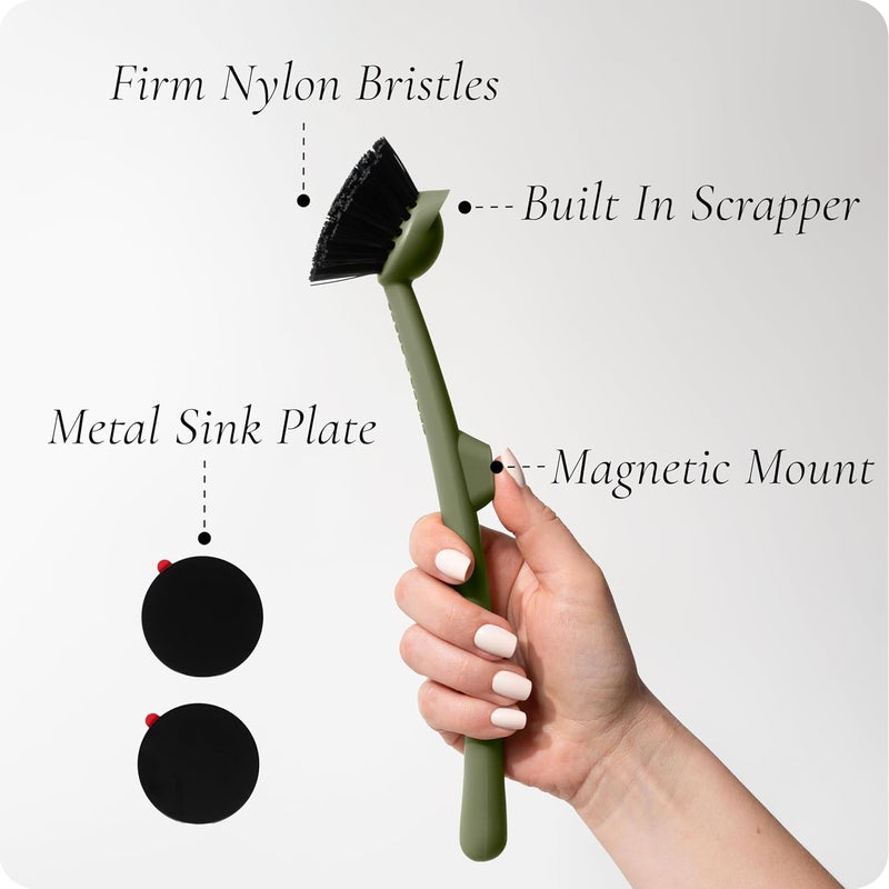 Earth & Mango Magnetic Dish Brush – Dish Scrubber with Built-in Scraper – Snaps to Sink, Dries Fast, Declutters Your Counter (Moss Green) - Image 3